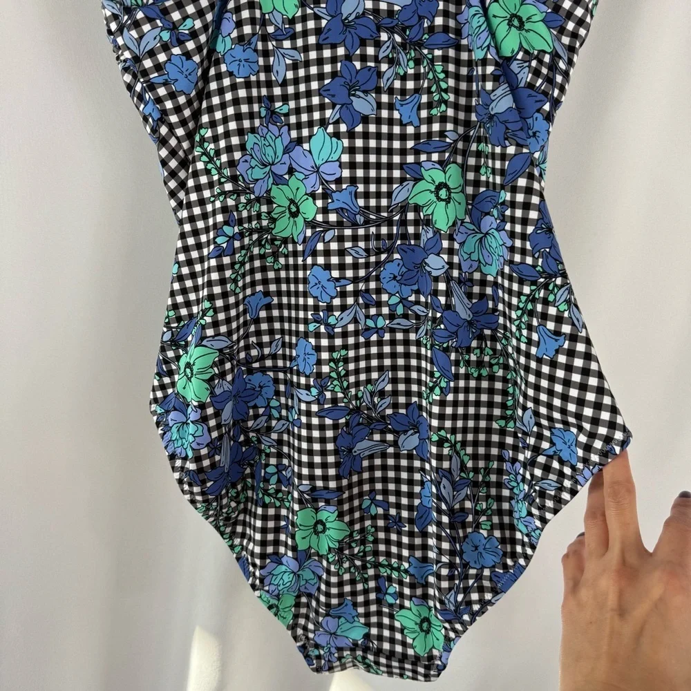 Lands' End Blue Floral Checkered one piece Swimsuit size: 10